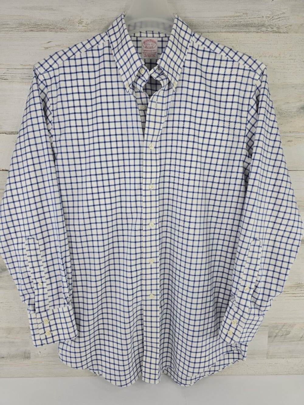 Brooks Brothers Madison Fit Button-down White Shirt blue check SIZE 15.5 -33 EUC